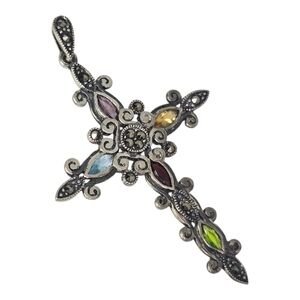 Multi-Color Gemstone Marcasite Filegree Cross Pendant